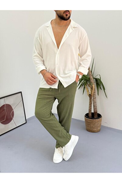 Combineman35 White Khaki Men's Summer Crinkle Lycra Fabric Long Sleeve Shirt Tracksuit 2 Piece Wrap Suit