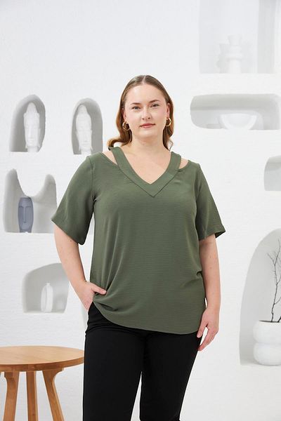 RMG Collar Detailed Large Size Blouse Khaki