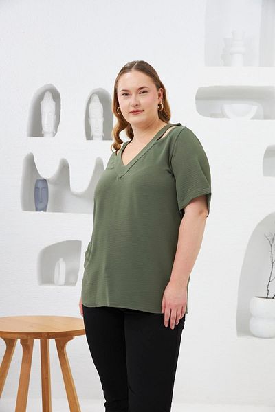 RMG Collar Detailed Large Size Blouse Khaki