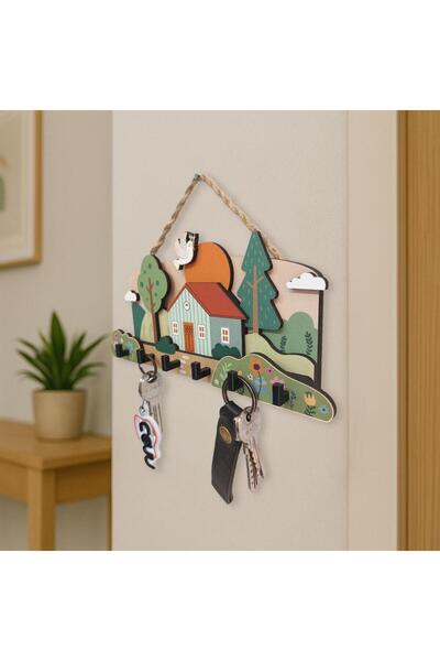 CajuArt Şirin Ahşap Köy Evi Temalı Boyutlu Pastel Anahtarlık Duvar Askılık Dekor
