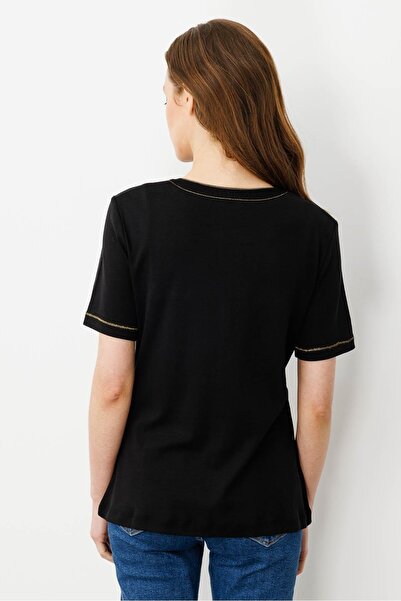 Desen Triko Women's Open Collar Cotton T-Shirt with Front Pocket Black