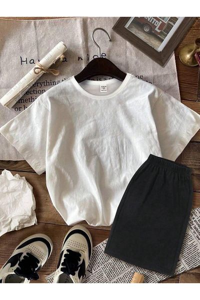 vinraus Girl\Boy White-Black Enjoy the Little Back Printed Combed Cotton Shorts-Tshirt Set