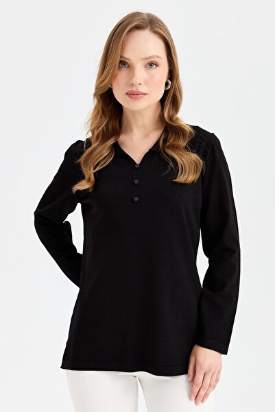 Desen Triko Μαύρη λεπτή πλεκτή γυναικεία μπλούζα με γιακά πόλο