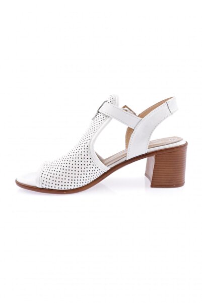 DGN 055 Model Laser Cut White Genuine Leather Women's Heeled Sandals