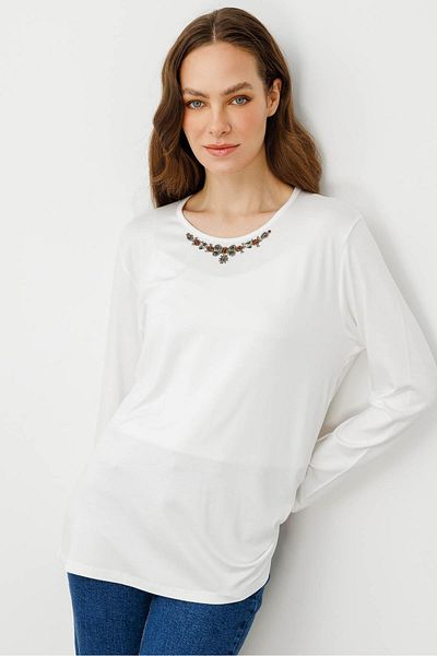 Desen Triko Women's Crew Neck Beaded Combed Cotton Blouse Ecru