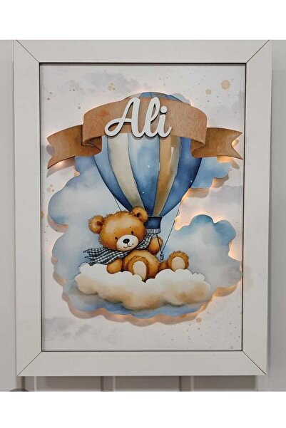 İLK ADIM PARTİ UÇAN BALONLU AYI IŞIKLI UV BASKI İSME ÖZEL KAPI SÜSÜ