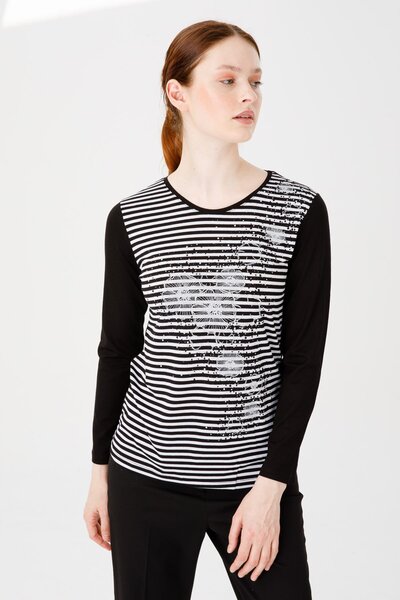 Desen Triko Γυναικεία μακρυμάνικη λαιμόκοψη με λουλουδάτο εμπριμέ ριγέ χτενισ...