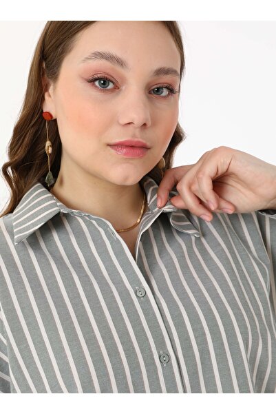 ALİA Cotton Plus Size Striped Poplin Blouse / Shirt - Khaki - Alia