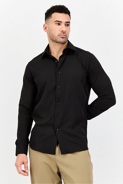 Scotch & Soda Men Modern Fit Plain Long Sleeve Dress Shirt, Black