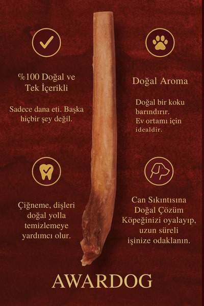 AWARDOG 30 Cm Canavar Boy %100 Doğal Dana Kamışı | Köpek Çiğneme Ödül Maması | Uzun Süre Dayanıklı | 1 Adet