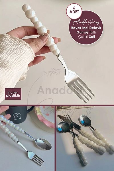 Anadolu Saray 6 Pieces White Plastic Silver Dessert Fork Set with Pearl Stone Detail |   6 Piece Luxury Dessert Cutlery Set
