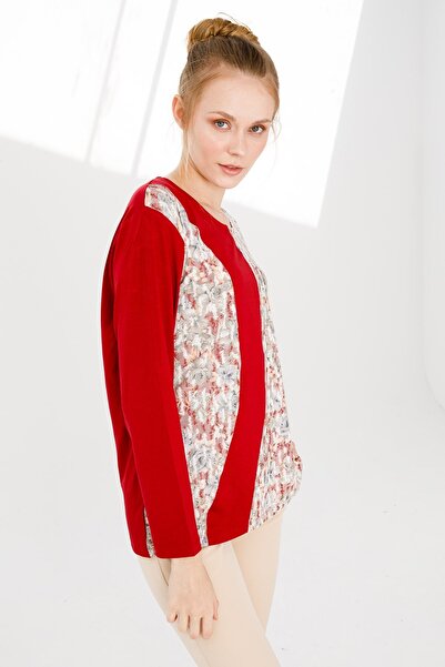 Desen Triko Women's Crew Neck Long Sleeve Floral Printed Combed Cotton Blouse Red