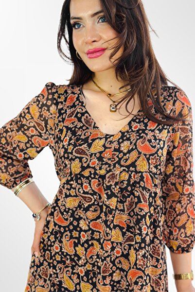 Kübra Tekstil Lupinn Fashion dámské šifonové šaty se vzorem se tříčtvrtečním rukávem a výstřihem do V