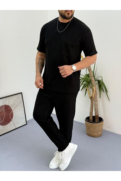 Combineman35 Black Report Ottoman Fabric Single Pocket T-Shirt-Pants Set of 2 with Single Back Pocket