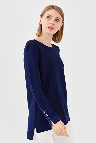 Desen Triko Γυναικεία μπλούζα με κουμπιά με μανίκια Navy Blue