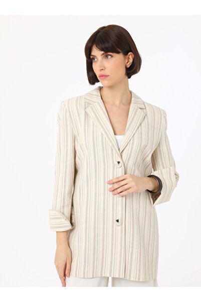 Refka Viskoz Karışımlı Çizgili Blazer Ceket - Krem - Refka