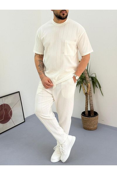 Combineman35 White Report Ottoman Fabric Single Pocket T-Shirt-Pants with Back Single Pocket 2 Piece Set