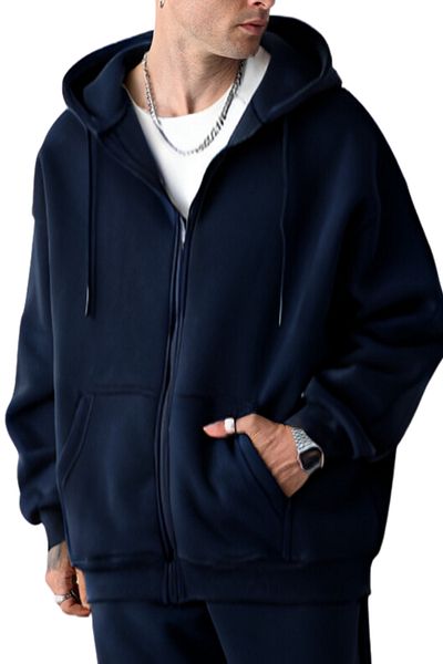 ruNadeS Men's Zippered Hooded Basic Seasonal Navy Blue Cardigan