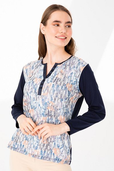 Desen Triko Дамска блуза с яка-отвор, ръкав три четвърти, шарен памук, тъмносиня