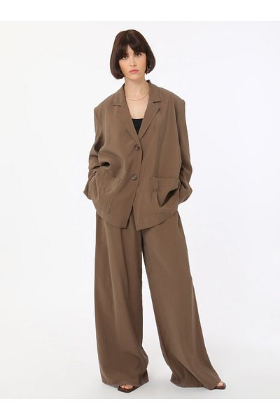 Refka Modal Fabric Pleat Detailed High Waist Wide Leg Pants - Brown - Refka Exclusive