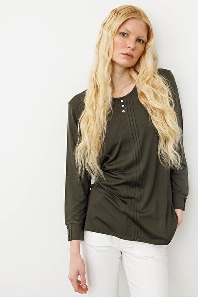 Desen Triko Women's Crew Neck Long Sleeve Combed Cotton Blouse Khaki