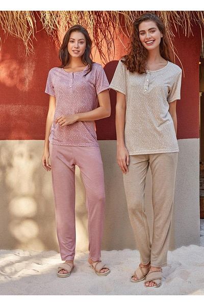 Berrak 9184 Women Leopard Print Half Button Half Sleeve Pajamas Suit