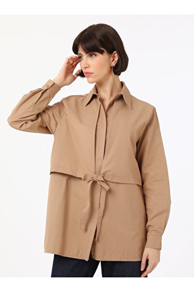 Benin Lacing Detailed Cotton Poplin Blouse Shirt - Mink - Benin