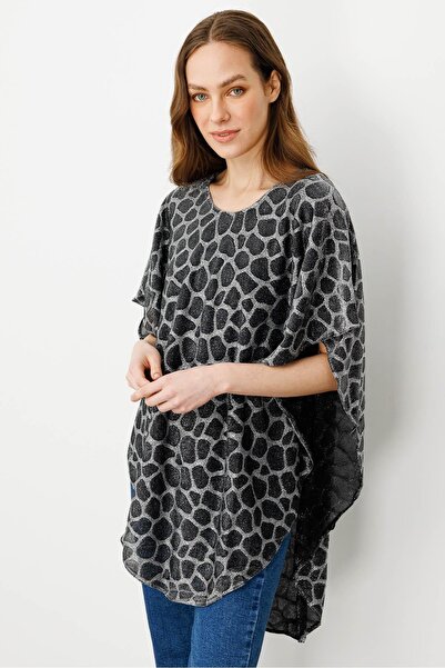 Desen Triko Kadın Sıfır Yaka Yarasa Kollu Simli Desenli Bluz Siyah