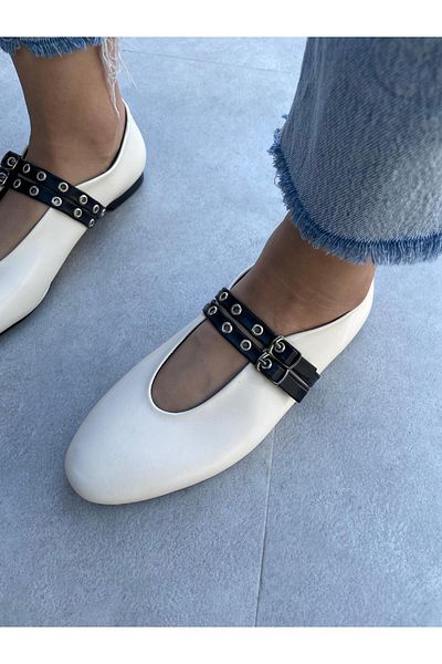 Elvinin Tarzı Keja Ecru Skin Belt Detailed Ballerinas