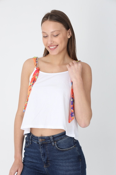 Ramior Women's Summer Colorful White Crop Top with Strap Chain and Scarf Detail