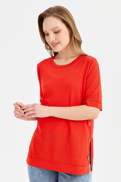 Desen Triko Women's Zero Neck Side Button Thin Knitwear Blouse Coral