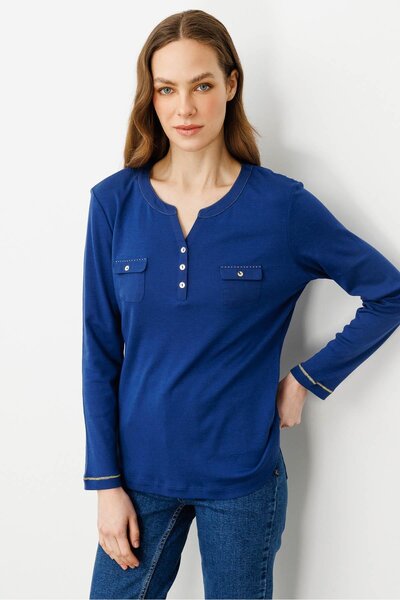 Desen Triko Жіноча блуза з відкритим коміром і кишенями спереду, бавовна, тем...