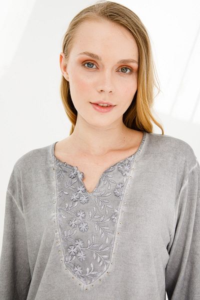 Desen Triko Women's Turn-down Collar Three Quarter Laced Combed Cotton Blouse Gray