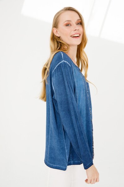 Desen Triko Жіноча блуза з довгими рукавами, з обробкою з шкіри, темно-синя