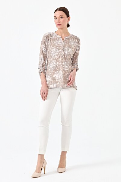 Desen Triko Γυναικείο γιακά με πατιλέτα Δίχρωμη χτενισμένη βαμβακερή μπλούζα Mink