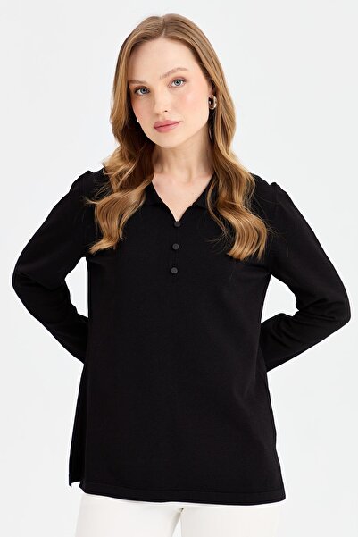 Desen Triko Μαύρη λεπτή πλεκτή γυναικεία μπλούζα με γιακά πόλο