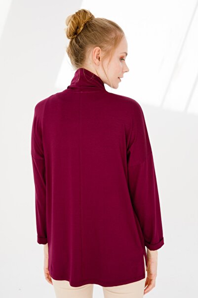 Desen Triko Γυναικείο μακρυμάνικο μεταλλικό κρεμαστό γιακά Degaje Βαμβακερή μπλούζα δαμάσκηνο