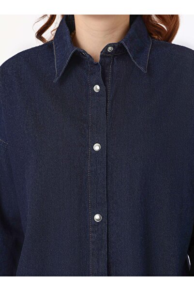 Benin Düğmeli Denim Bluz / Gömlek - Lacivert - Exclusive