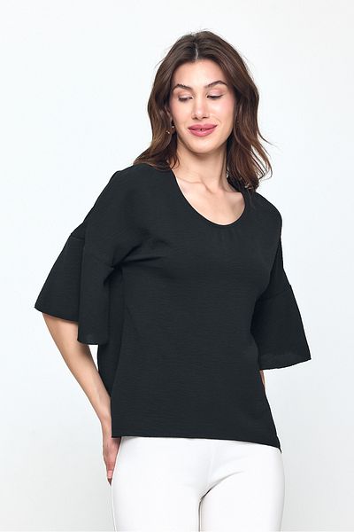 Laranor Black Flounce Sleeve U Neck Asymmetrical Ayrobin Blouse 25L8031