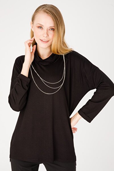 Desen Triko Γυναικείο μακρυμάνικο μεταλλικό κρεμαστό βαμβακερό γιακά Degaje μπλούζα μαύρη