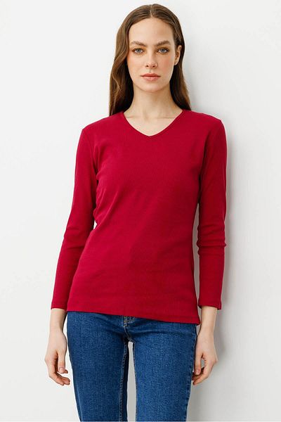 Desen Triko Women's V-Neck Camisole Cotton Blouse Cherry