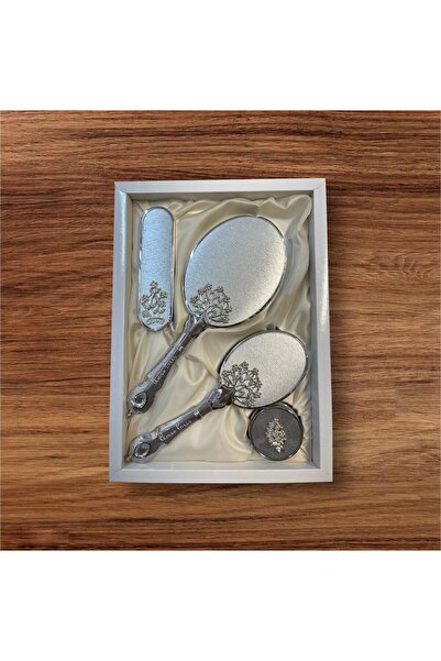 AMOR طقم مشط مرآة فضي (شجرة الحياة)