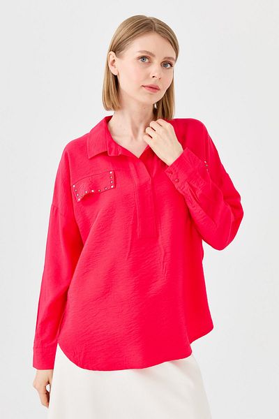 Desen Triko Bluză de damă cu buzunar cu gât polo, fucsia