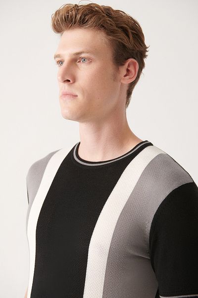 Avva Men's Black Crew Neck Color Block Knitwear T-Shirt A31Y5118