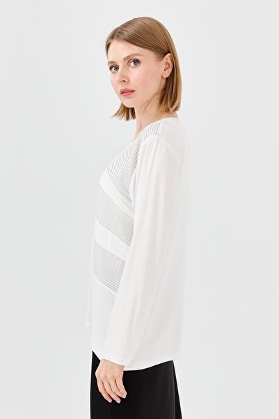 Desen Triko Women's Crew Neck Chain Fabric Combed Cotton Blouse Bone