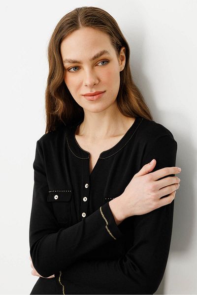 Desen Triko Women's Open Collar Cotton Blouse with Front Pocket Black