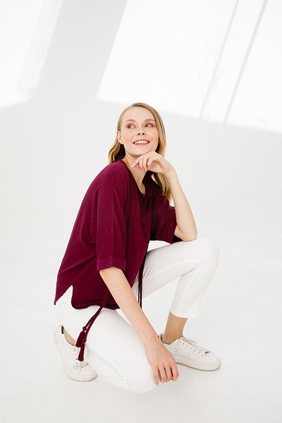 Desen Triko Women's Judge Collar Bat Sleeve Tasseled Combed Cotton Tunic Plum