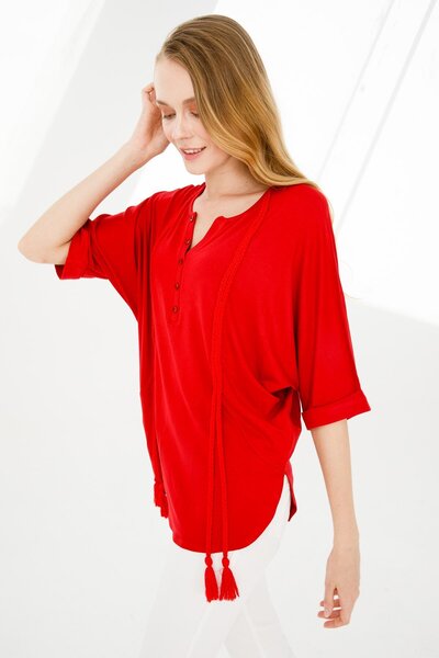Desen Triko Women's Judge Collar Bat Sleeve Tasseled Combed Cotton Tunic Red