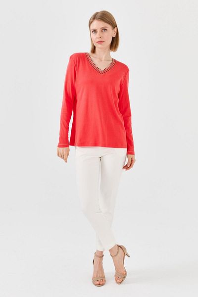 Desen Triko Women's V-Neck Colorful Embroidered Cotton Blouse Coral