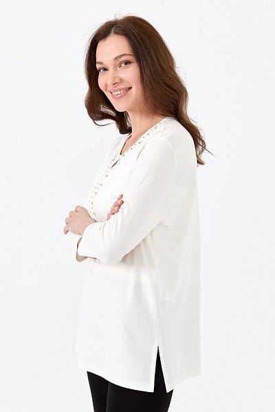 Desen Triko Women's Collar Plaid Beaded Embroidered Three Quarter Sleeve Combed Cotton Blouse Ecru